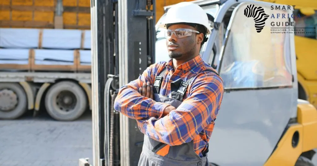 African man wearing helmet standing outside truck