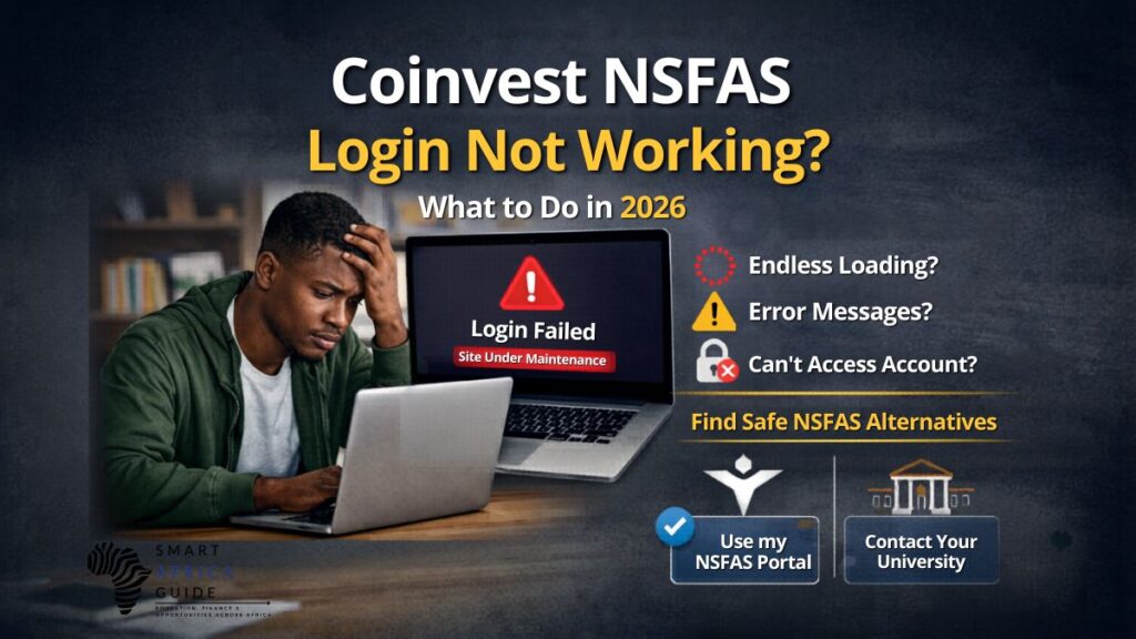 Student facing Coinvest NSFAS login error showing site under maintenance and alternative ways to check NSFAS allowance