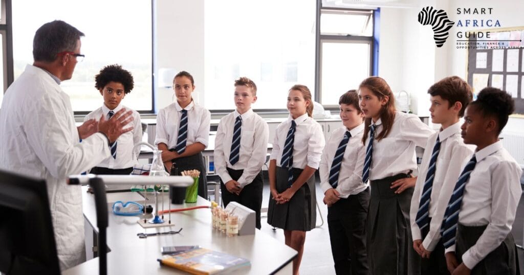 teacher talking to high school students