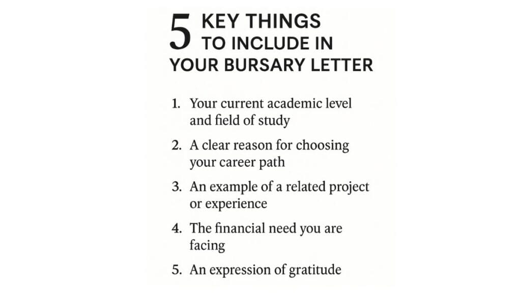 Five key things to include in a bursary motivational letter: introduction, academic interest, career goal, financial need, and closing.
