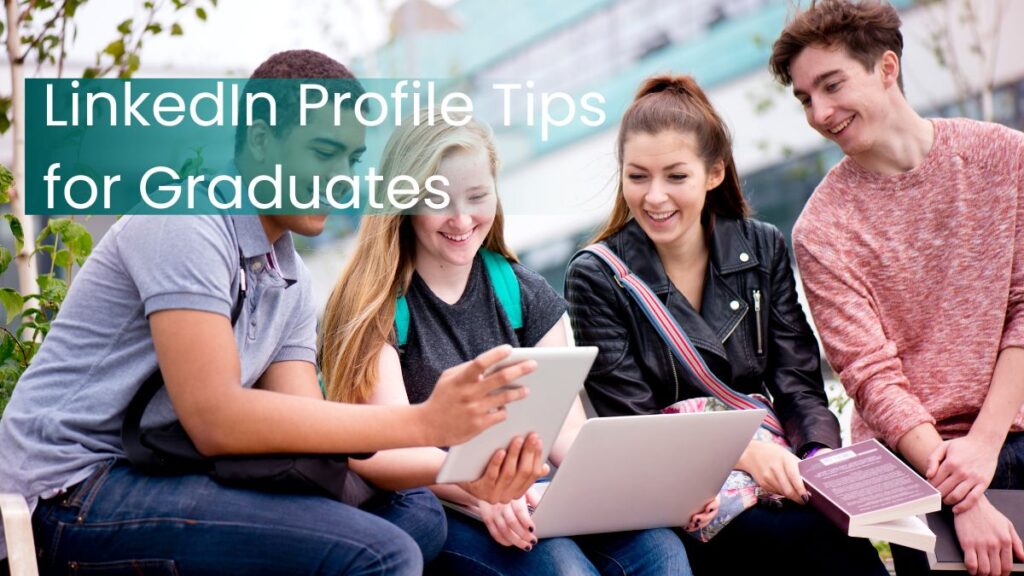 Graduation students learning LinkedIn profile tips using laptops and tablets