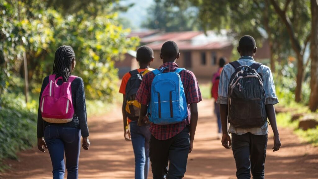 Students walking to school in Africa representing access to education and funding challenges as per statistics
