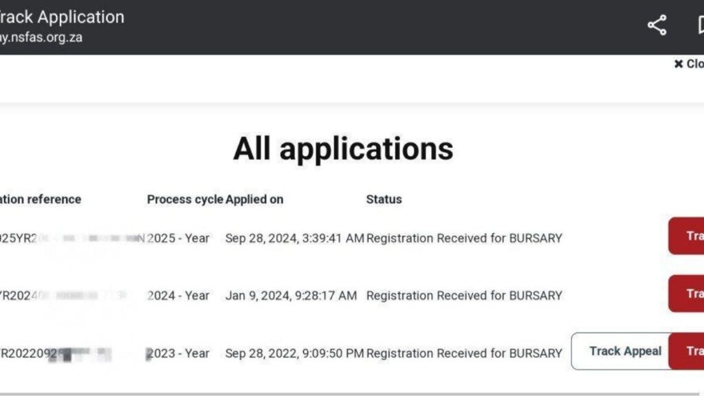 Example of an NSFAS application status screen showing verification
