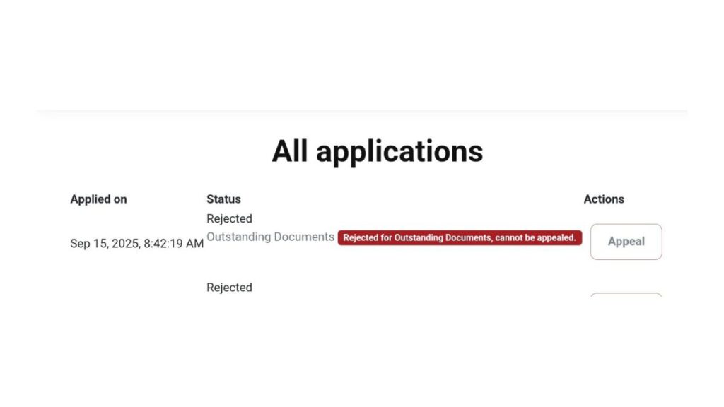 NSFAS rejection status due to outstanding documents with no appeal option