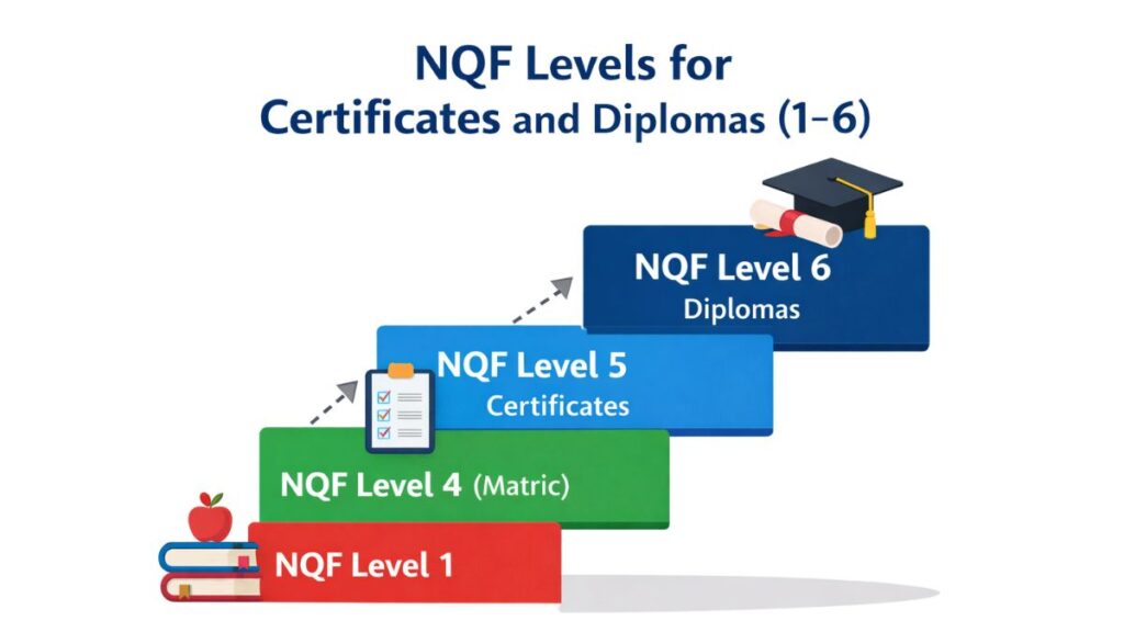 NQF levels for certificates and diplomas in South Africa showing progression from matric at level 4 to certificates at level 5 and diplomas at level 6