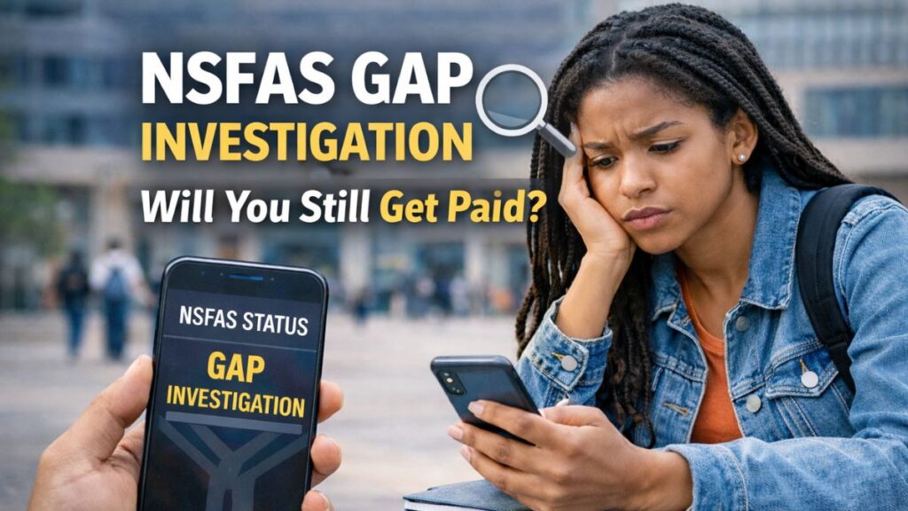 Worried South African university student checking NSFAS gap investigation payment status on phone