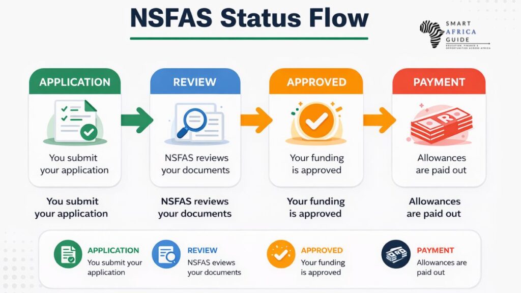 NSFAS status flow showing application review approval and payment stages